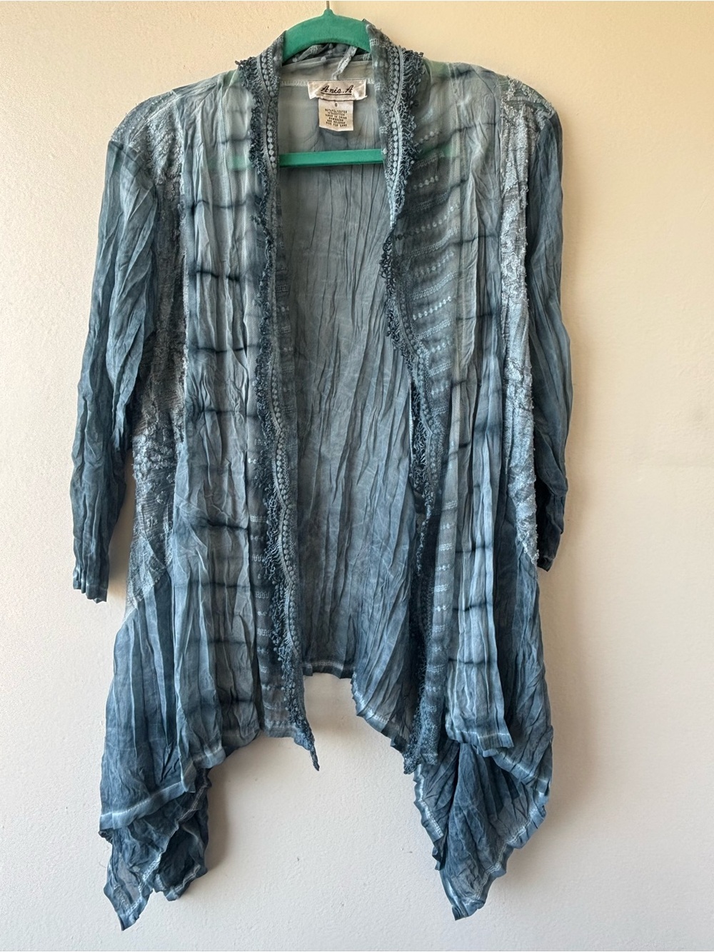 Crinkled Open-Front Cardigan in Dusty Blue by Aris. A